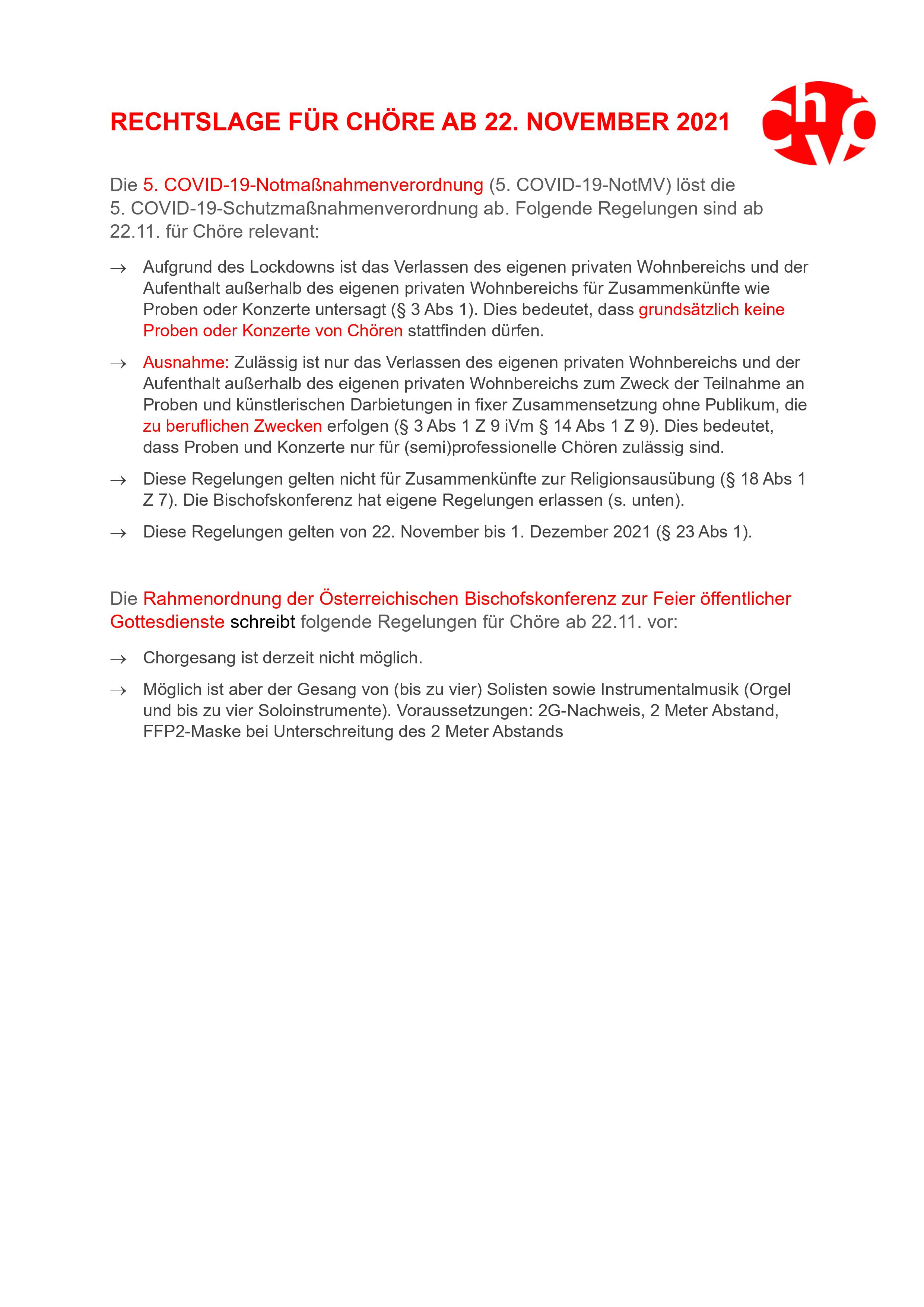 COVID-19 Update des Chorverband Österreich vom 22.11.2021